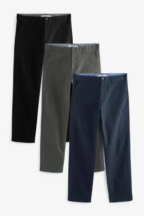 Azul, Gris, Azul marino - Pack de 3 pantalones chinos elásticos rectos