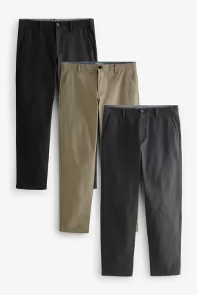 Negro/Gris/Piedra - Pack de 3 pantalones chinos elásticos rectos